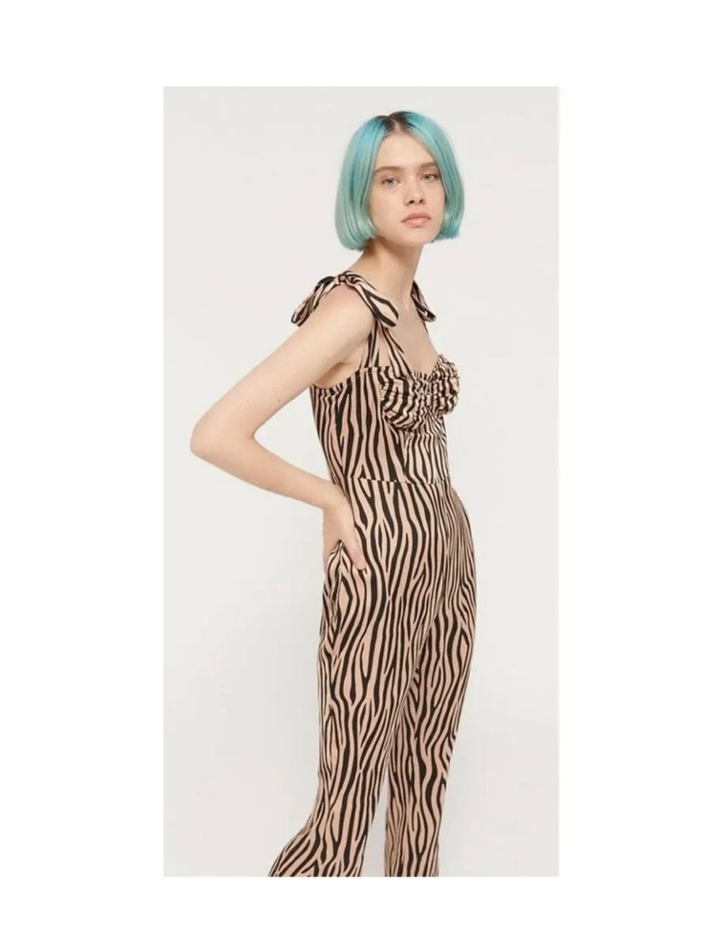 Lioness Zebra Print Tie-Strap Jumpsuit in Beige and Black